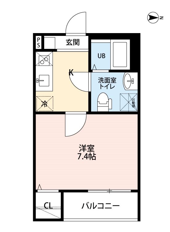 アーバンコート 間取り　洋室7.4帖　脱衣洗面所　バルコニー