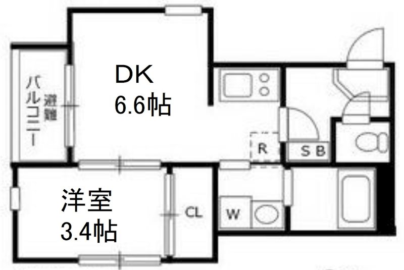 ＨＡＲＵ鳴海（ハル鳴海） 間取図　ＤＫ6.6帖　洋室3.4帖　脱衣洗面所　バルコニー