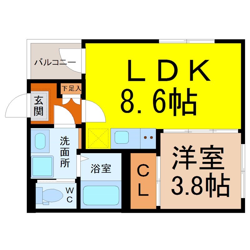 サンブリッジ露橋 間取図　ＬＤＫ8.6帖　洋室3.8帖　脱衣洗面所　バルコニー