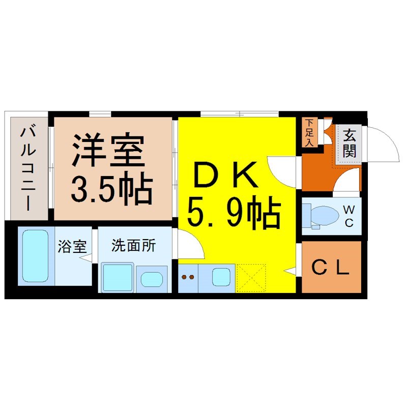 サンブリッジ露橋 間取図　ＤＫ5.9帖　洋室3.5帖　脱衣洗面所　バルコニー