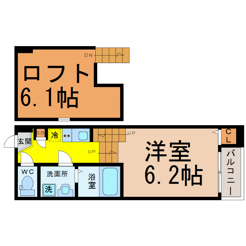 ＱＵＡＬＩＡ名駅山王Ａｖｅ. 間取図　洋室6.2帖　ロフト6.1帖　脱衣洗面所　バルコニー