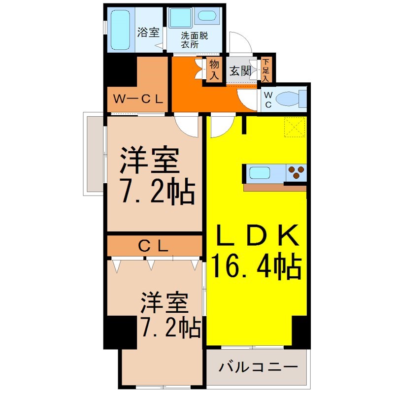 ＲＪＢｐｌａｃｅ 間取図　ＬＤＫ16.4帖　洋室×2室　南面バルコニー