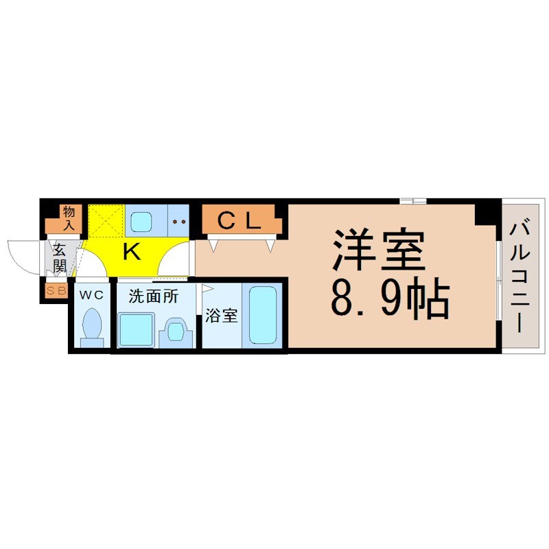 サンリット 間取図　洋室8.9帖　脱衣洗面所　クローゼット付　バルコニー