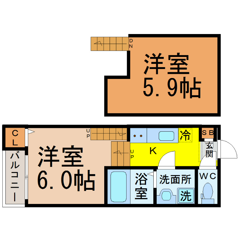 ステラート新瑞橋 間取図　洋室6帖　ロフト5.9帖　脱衣洗面所　バルコニー
