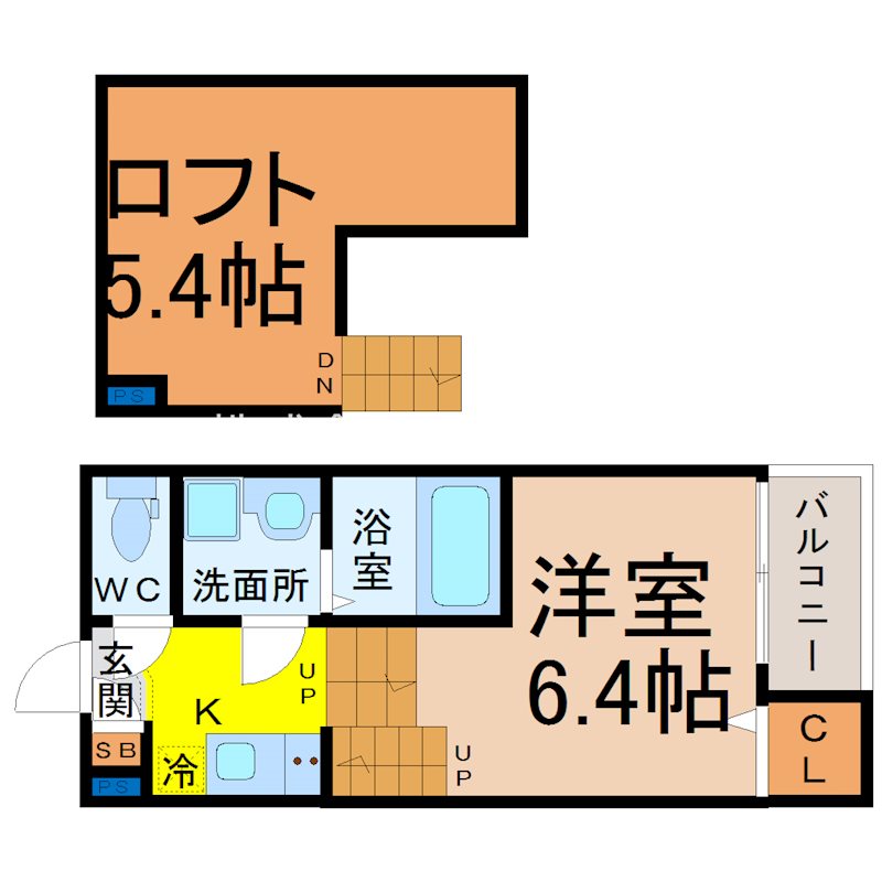 サニーハイツ南川町 間取図　洋室6.4帖　ロフト5.4帖　脱衣洗面所　バルコニー