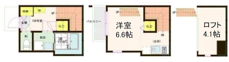 ハーモニーテラス日ノ宮町 間取図　洋室6.6帖　ロフト4.1帖　脱衣洗面所