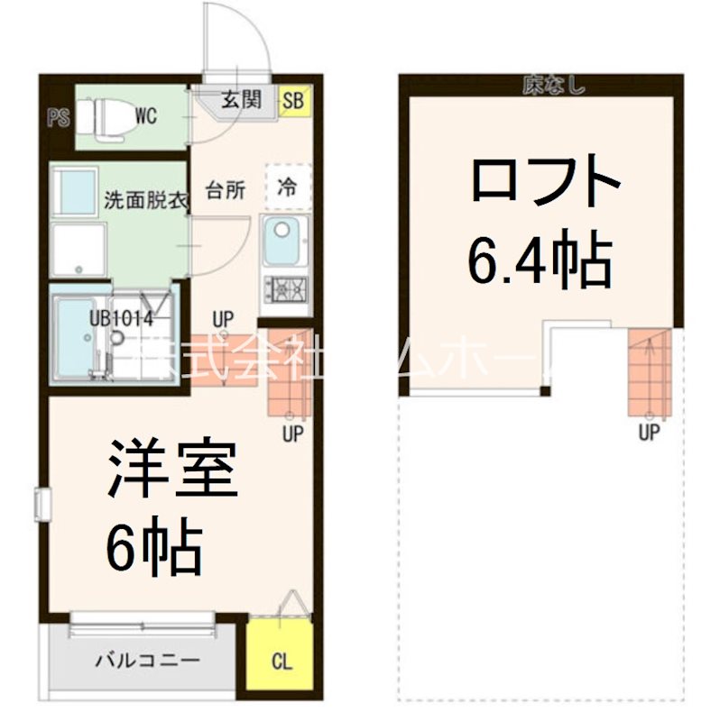 （仮称）ハーモニーテラス上名古屋二丁目 間取図　洋室6帖　ロフト6.4帖　脱衣洗面所　バルコニー