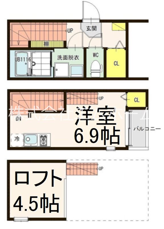 （仮称）ハーモニーテラス上名古屋二丁目 間取図　洋室6.9帖　ロフト4.5帖　脱衣洗面所　バルコニー