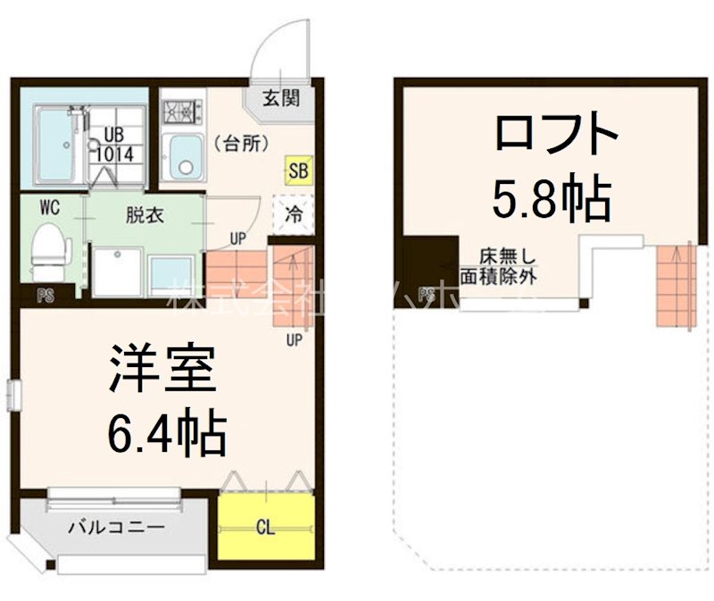 （仮称）ハーモニーテラス中杉町二丁目Ａ 間取図　洋室6.4帖　ロフト5.8帖　脱衣洗面所　バルコニー
