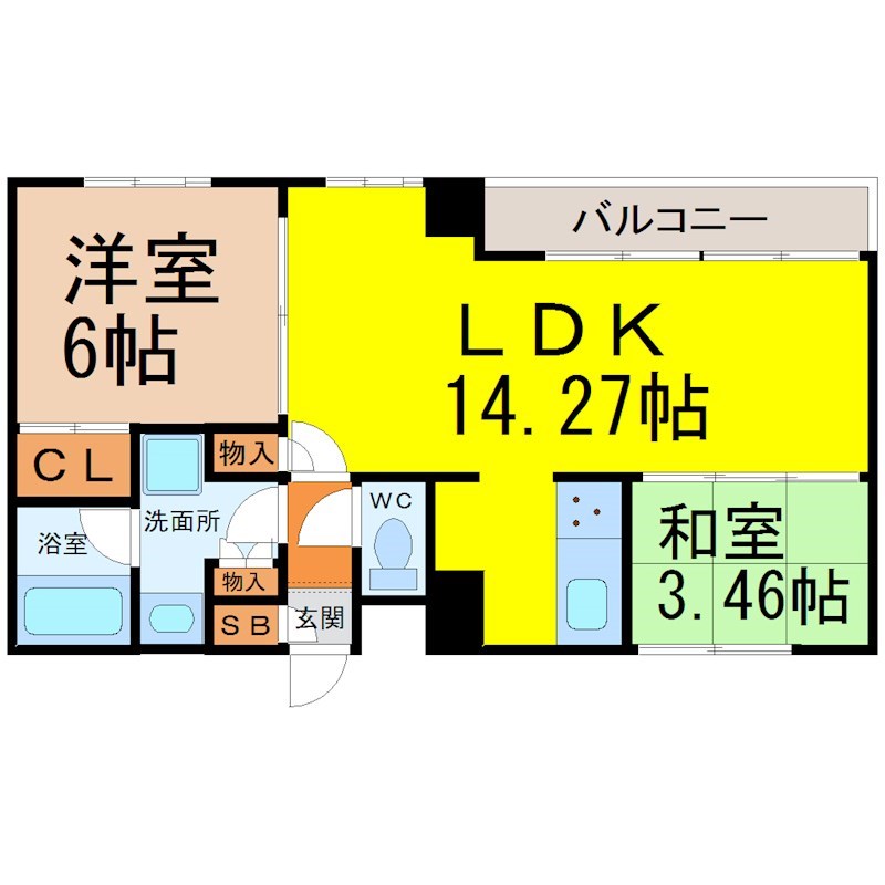 ＲＩＶＯ瑞穂公園（リーヴォ瑞穂公園） 間取り　ＬＤＫ14.2帖　脱衣洗面所　南面バルコニー