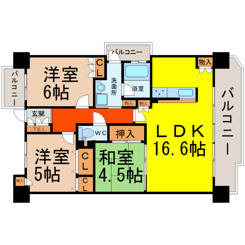 ステラートシティ桜山 間取図　ＬＤＫ16.6帖　南面バルコニー