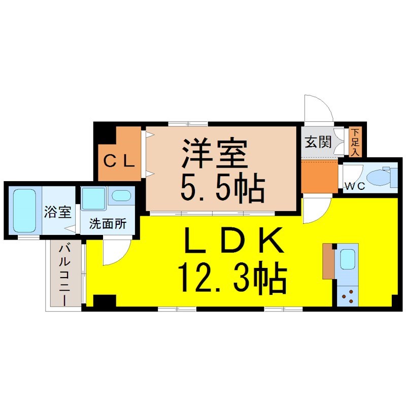 アメニティ幅下 間取図　ＬＤＫ12.3帖　洋室5.5帖　脱衣洗面所