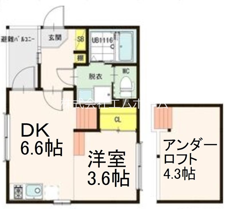 アールグランデ高畑 間取図　ＤＫ6.6帖　洋室3.6帖　床下収納4.3帖