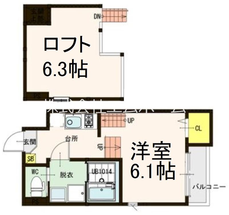 ペールエール 間取図　洋室6.1帖　ロフト6.3帖　脱衣洗面所　バルコニー