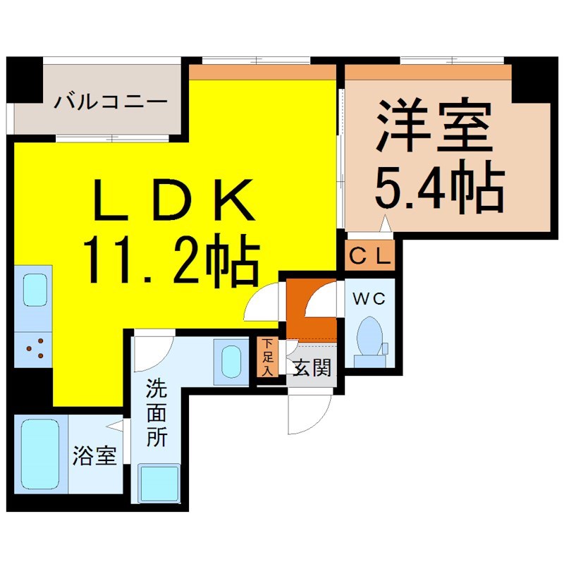 リュミアン堀田テラス 間取図　ＬＤＫ11.2帖　洋室5.4帖　脱衣洗面所　バルコニー