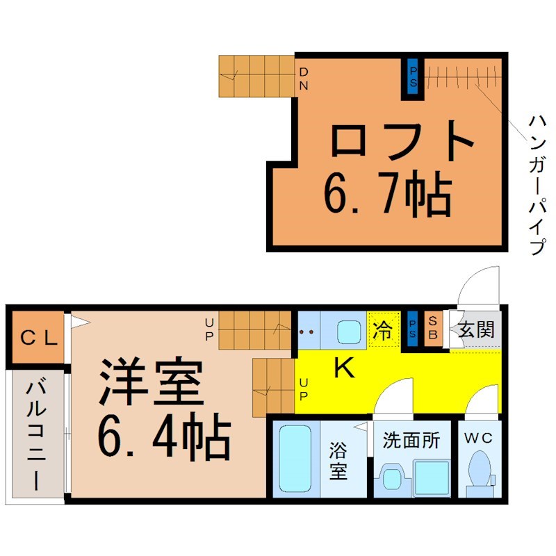 ＬＵＮＡ ＦＯＲＺＡ新守西（ルナフォルツァ新守西） 間取図　洋室6.4帖　ロフト6.7帖　脱衣洗面所　バルコニー
