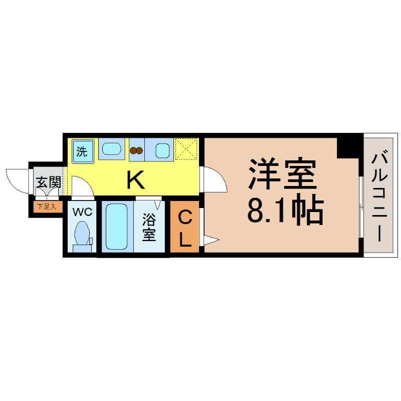 ルラシオン阿由知通 間取図　洋室8.1帖　脱衣洗面所　南面バルコニー