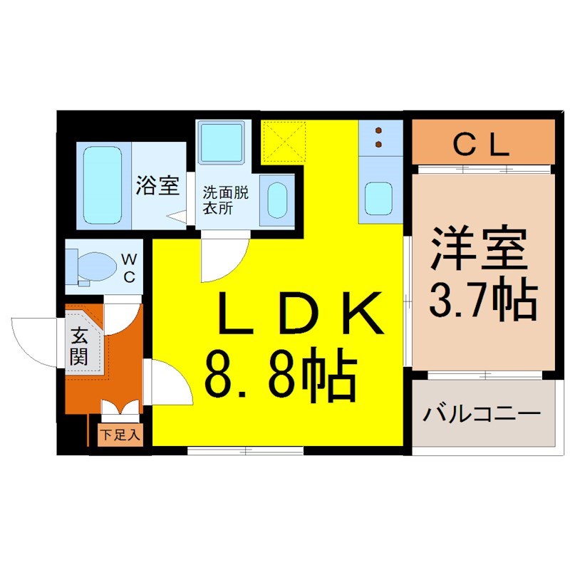 アラベスク 間取図　ＬＤＫ8.8帖　洋室3.7帖　脱衣洗面所
