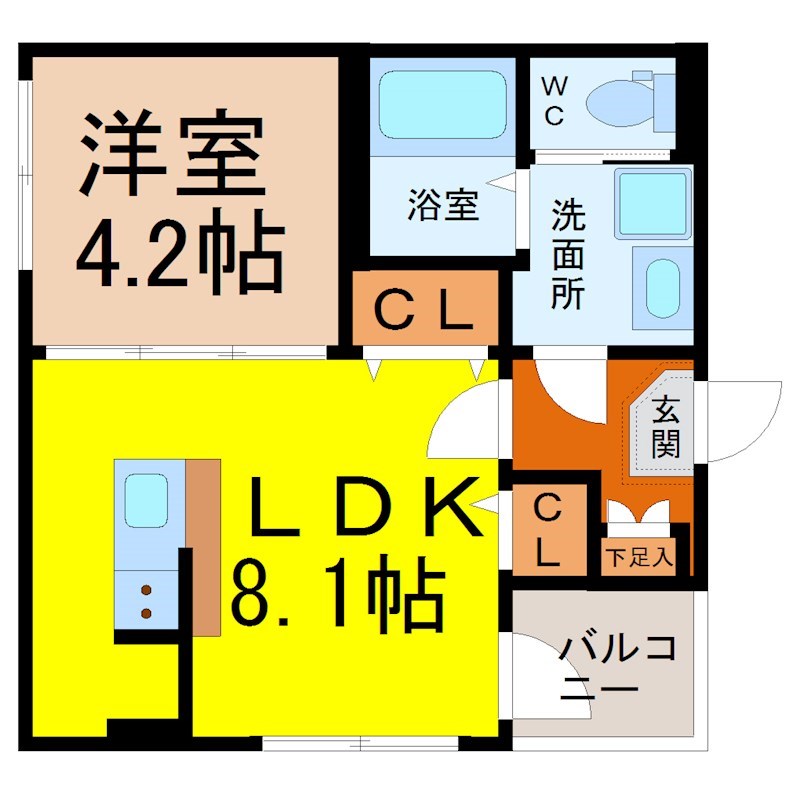 アラベスク 間取図　ＬＤＫ8.1帖　洋室4.2帖　脱衣洗面所