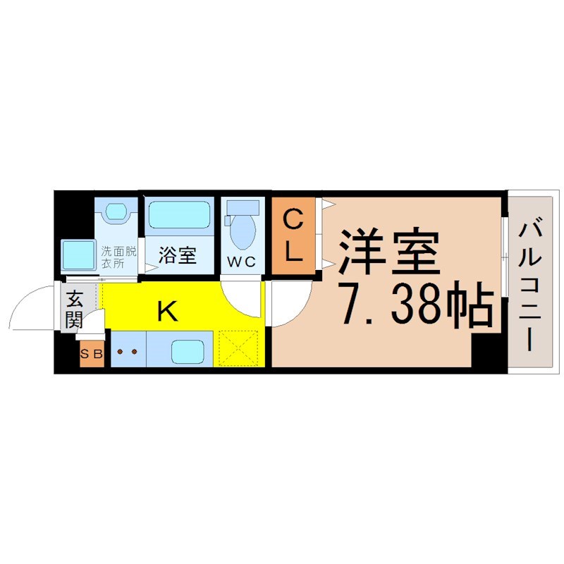Ｓｏｕｔｈ　Ｖａｌｌｅｙ浅間（サウスバレイ浅間） 間取り　洋室7.38帖　脱衣洗面所　バルコニー