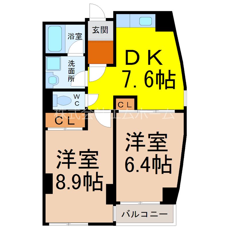 フォンテーヌナウ 間取図　ＤＫ7.6帖　洋室8.9帖　洋室6.4帖
