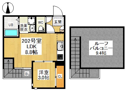 ＢｒａｎｄＮｅｗＤａｙ名城 間取図　ＬＤＫ8.8帖　洋室3帖　ルーフバルコニー