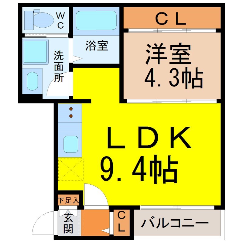 ｇｉｆｔ千種 間取図　ＬＤＫ9.4帖　洋室4.3帖　脱衣洗面所　バルコニー