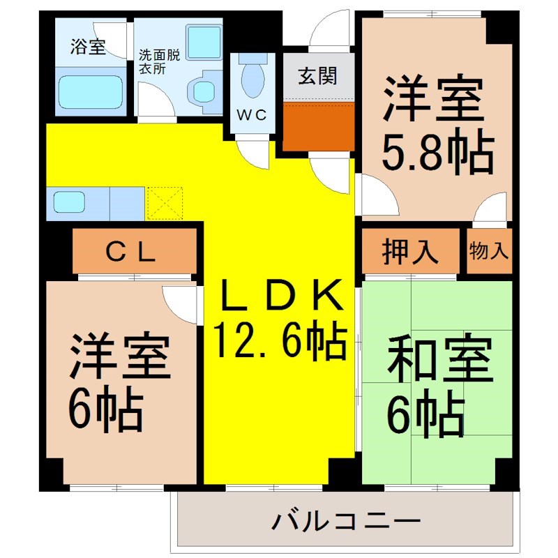 フォンテーヌナウ 間取図　ＬＤＫ12.6帖　脱衣洗面所　バルコニー