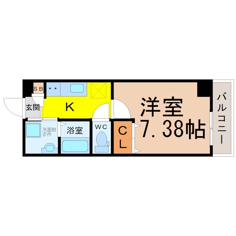 Ｓｏｕｔｈ　Ｖａｌｌｅｙ浅間（サウスバレイ浅間） 間取り　洋室7.38帖　脱衣洗面所　バルコニー