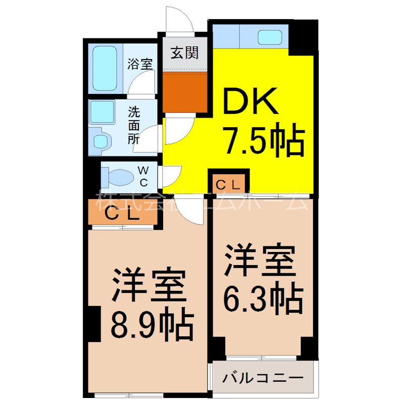 フォンテーヌナウ 間取図　ＤＫ7.5帖　洋室8.9帖　洋室6.3帖