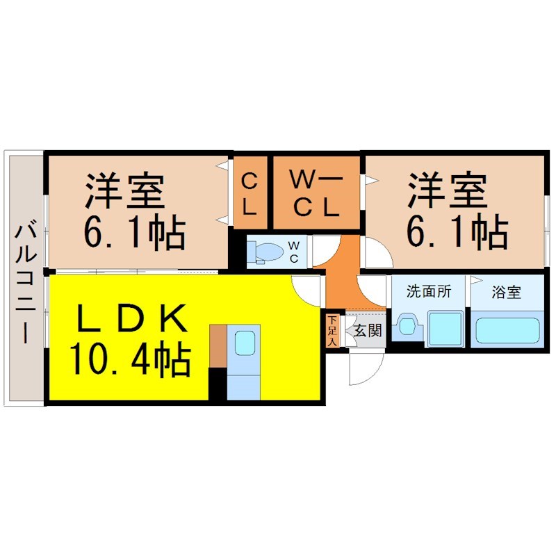 ＷｉｎｇＳ 間取図　ＬＤＫ10.4帖　脱衣洗面所　南面バルコニー