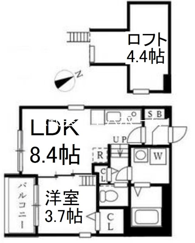 スヴニール伝馬 間取図　ＬＤＫ8.4帖　洋室3.7帖　ロフト4.4帖