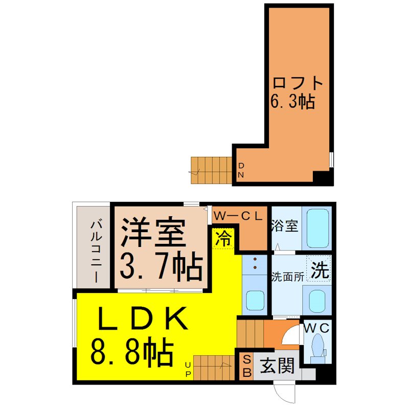 ヴァンベール・中村 間取図　ＬＤＫ8.8帖　洋室3.7帖　ロフト付　脱衣洗面所
