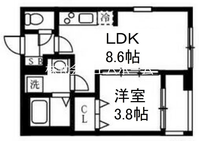 リベルテ 間取図　ＬＤＫ8.6帖　洋室3.8帖　脱衣洗面所　バルコニー