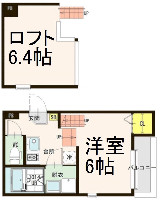 ハーモニーテラス柳田町 間取図　洋室6帖　ロフト6.4帖　脱衣洗面所　バルコニー