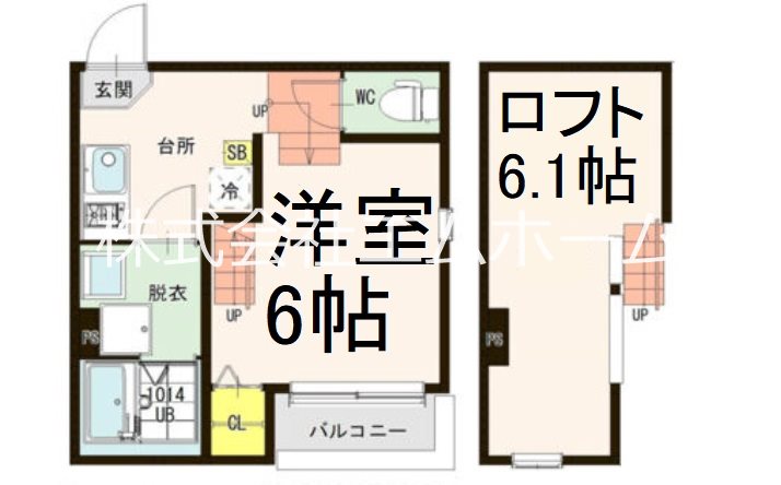 ハーモニーテラス柳田町 間取図　洋室6帖　ロフト6.1帖　脱衣洗面所　バルコニー
