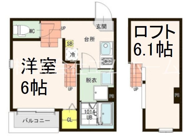 ハーモニーテラス柳田町 間取図　洋室6帖　ロフト6.1帖　脱衣洗面所　バルコニー
