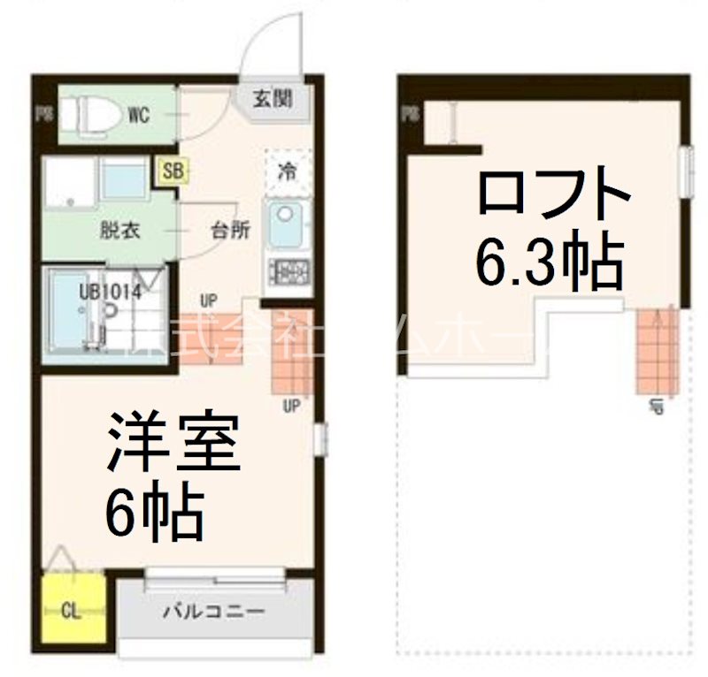 かりゆし23 間取図　洋室6帖　ロフト6.3帖　脱衣洗面所　バルコニー