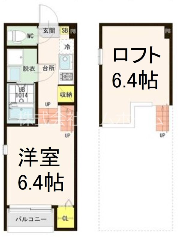 かりゆし23 間取図　洋室6.4帖　ロフト6.4帖　脱衣洗面所　バルコニー