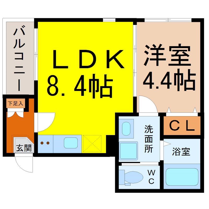 ｃｏｍｏｄｏ東海通（コモド東海通） 間取図　ＬＤＫ8.4帖　洋室4.4帖　脱衣洗面所　バルコニー