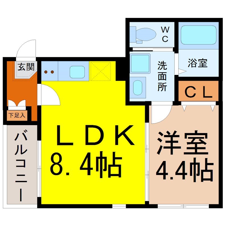 ｃｏｍｏｄｏ東海通（コモド東海通） 間取図　ＬＤＫ8.4帖　洋室4.4帖　脱衣洗面所　バルコニー