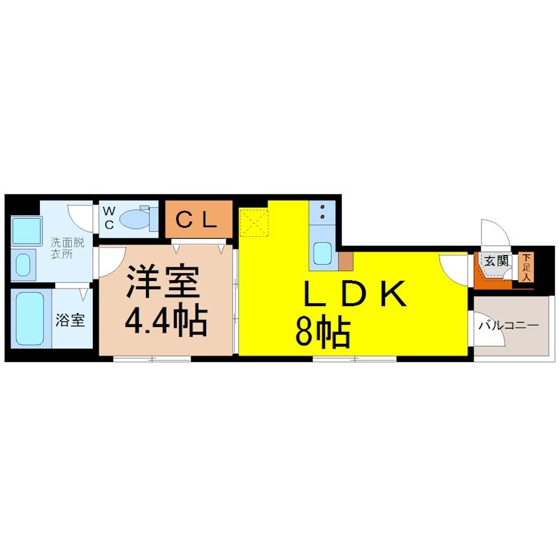 ｃａｎｎａ（カンナ） 間取図　ＬＤＫ8帖　洋室4.4帖　脱衣洗面所