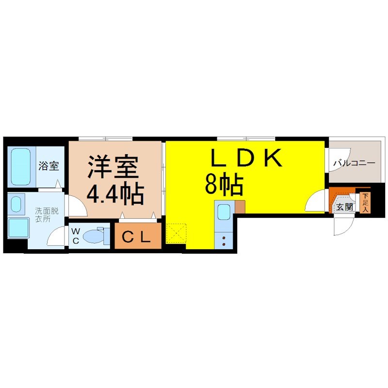 ｃａｎｎａ（カンナ） 間取図　ＬＤＫ8帖　洋室4.4帖　脱衣洗面所