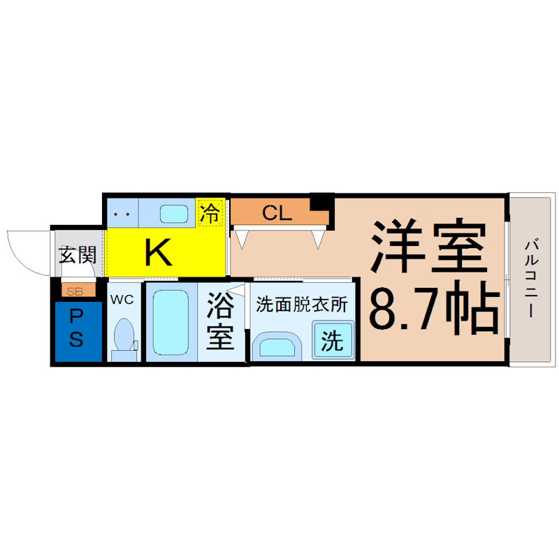 アールコート本陣 間取図　洋室8.7帖　脱衣洗面所　南面バルコニー