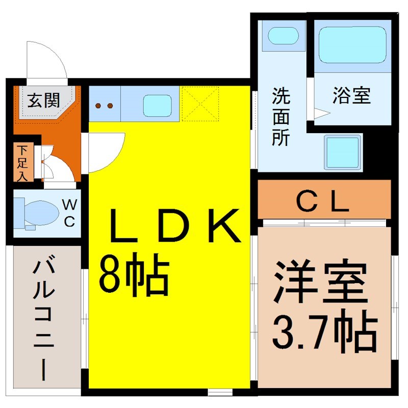 Ｃａｓａ ＴＲ 庄内緑地公園 間取図　ＬＤＫ8帖　洋室3.7帖　脱衣洗面所　バルコニー
