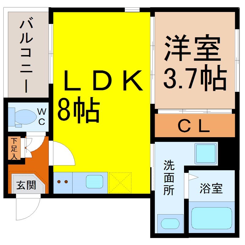 Ｃａｓａ ＴＲ 庄内緑地公園 間取図　ＬＤＫ8帖　洋室3.7帖　脱衣洗面所　バルコニー