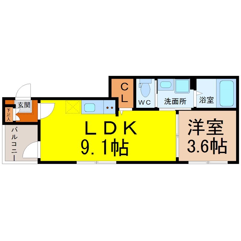（仮称）瑞穂区新開町②新築アパート 間取図　ＬＤＫ9.1帖　洋室3.6帖　脱衣洗面所　バルコニー