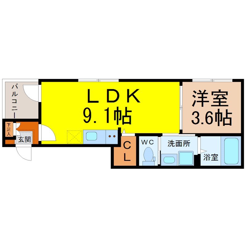 （仮称）瑞穂区新開町②新築アパート 間取図　ＬＤＫ9.1帖　洋室3.6帖　脱衣洗面所　バルコニー