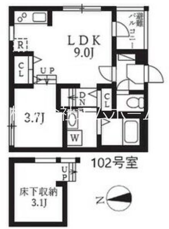 ハーモニーテラス上石川町Ⅳ 間取図　ＬＤＫ9帖　洋室3.7帖　アンダーロフト3.1帖