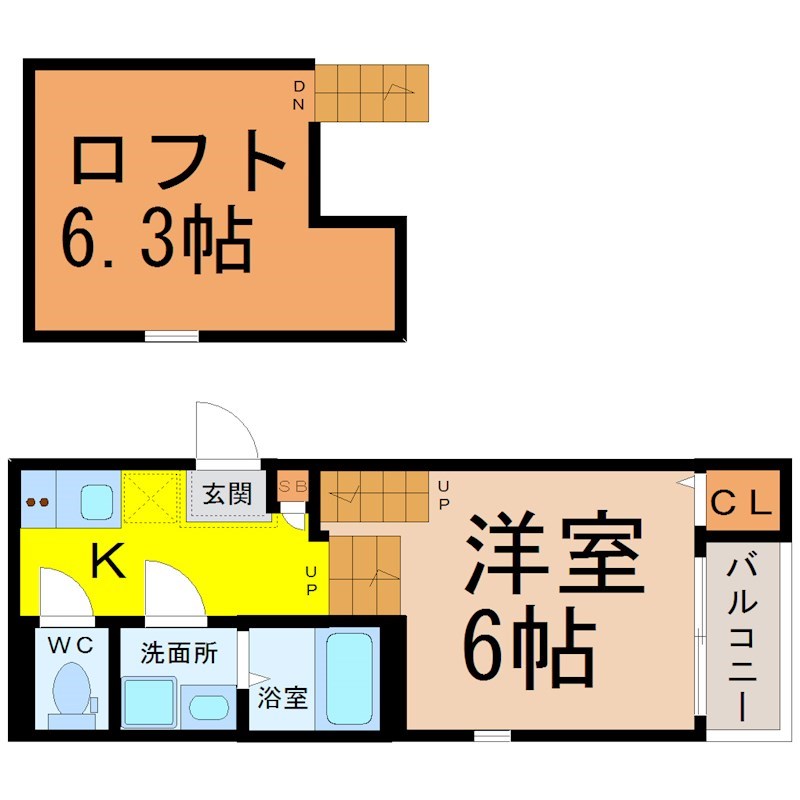 ロフトレジデンス新守山 間取図　洋室6帖　ロフト6.3帖　脱衣洗面所　バルコニー